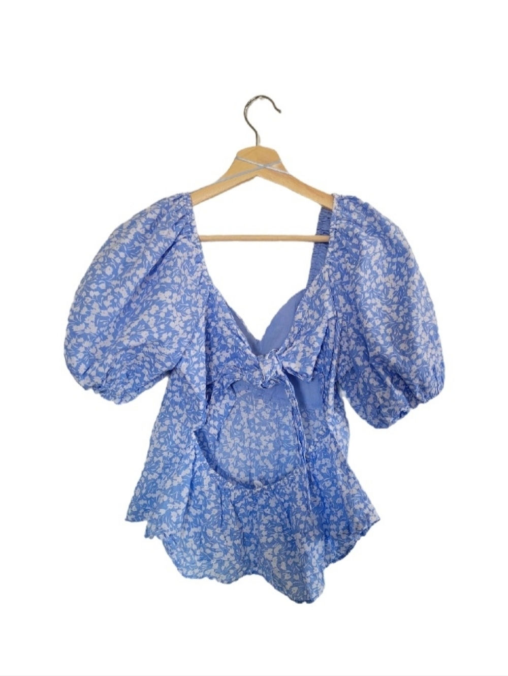 FREE THE ROSES Blue Floral Puff-Sleeve Sweetheart Blouse Size M Open Back - Picture 3 of 12
